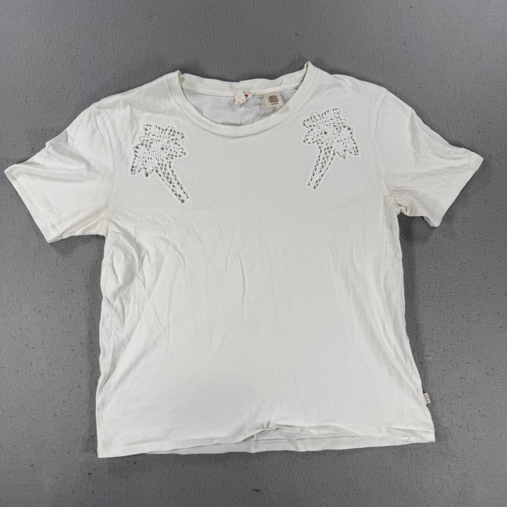 VTG Levis Womens XS White Crochet Palm Tree Applique Short Sleeve T-Shirt